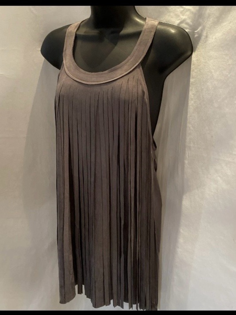 Size 1XL Vocal Gray Full Front Fringe Tank Top. Suede Feel but Hand Washable
